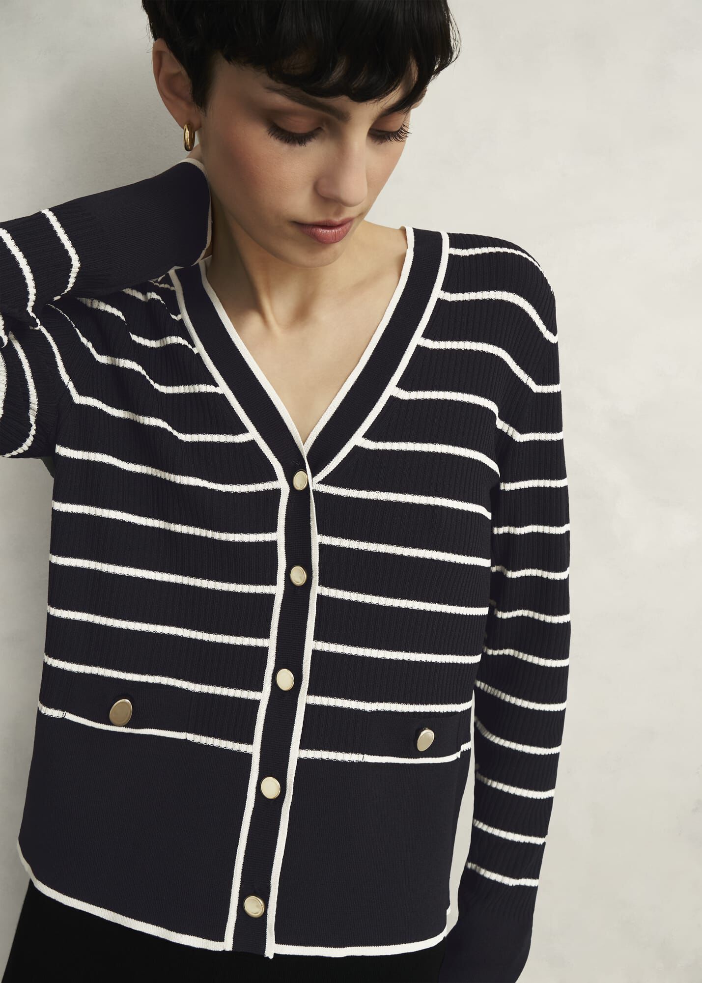 Navy Belmont Striped Knitted V Neck Cardigan