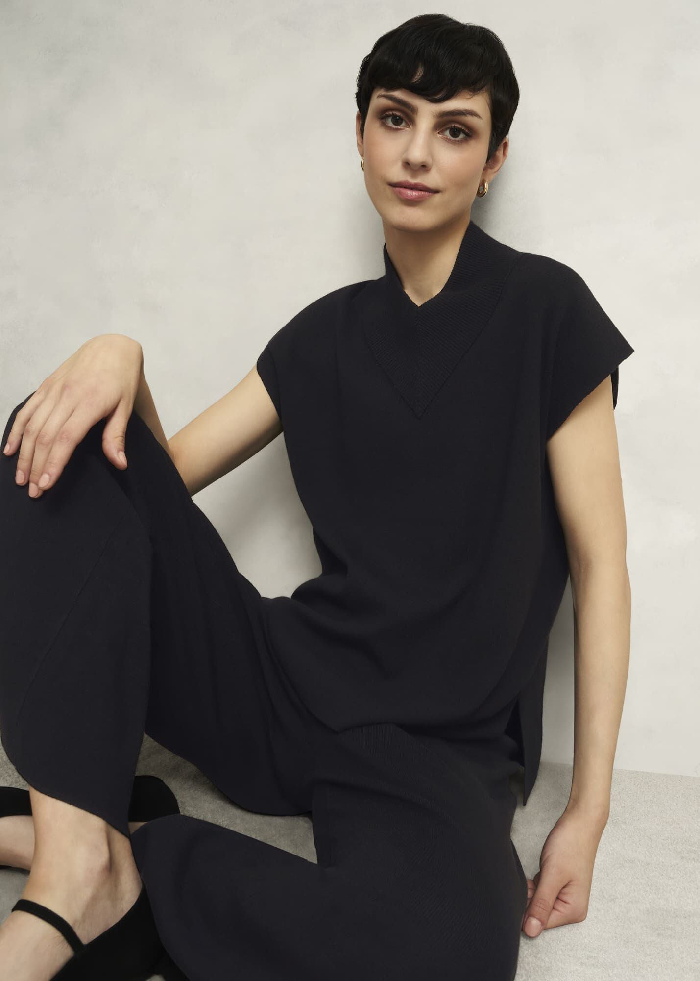 Black Harris High V Neck Knitted Co-ord Tank Top
