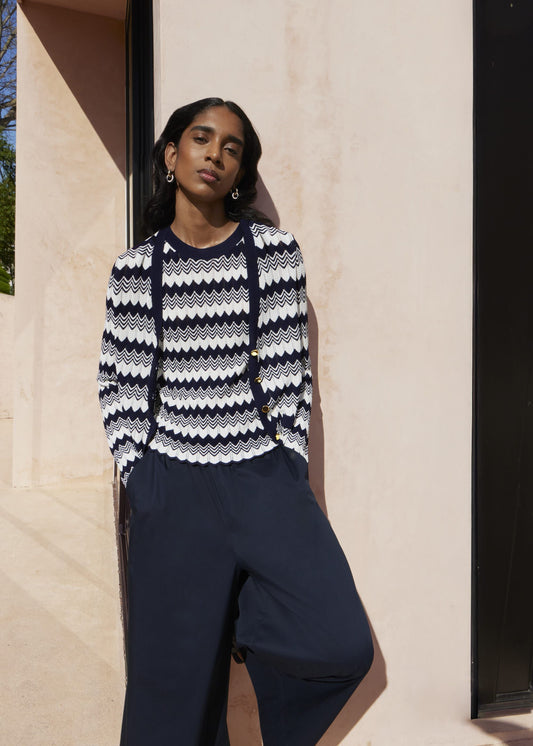 Navy Osterley Chevron Stripe V Neck Knitted Cardigan