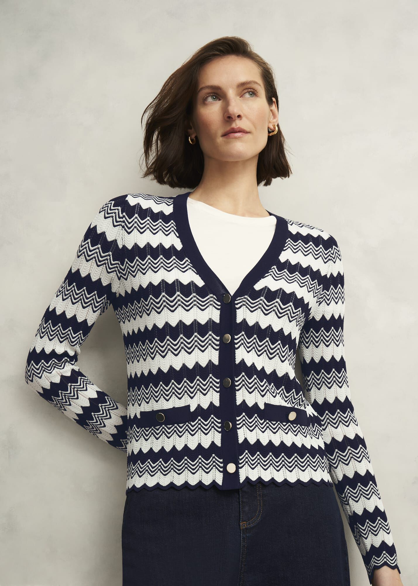 Navy Osterley Chevron Stripe V Neck Knitted Cardigan
