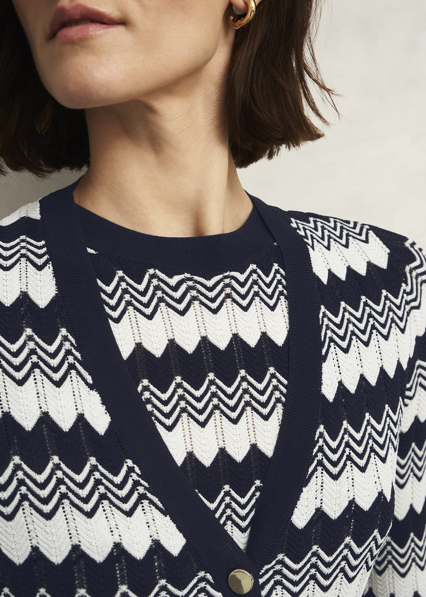 Navy Osterley Chevron Stripe V Neck Knitted Cardigan