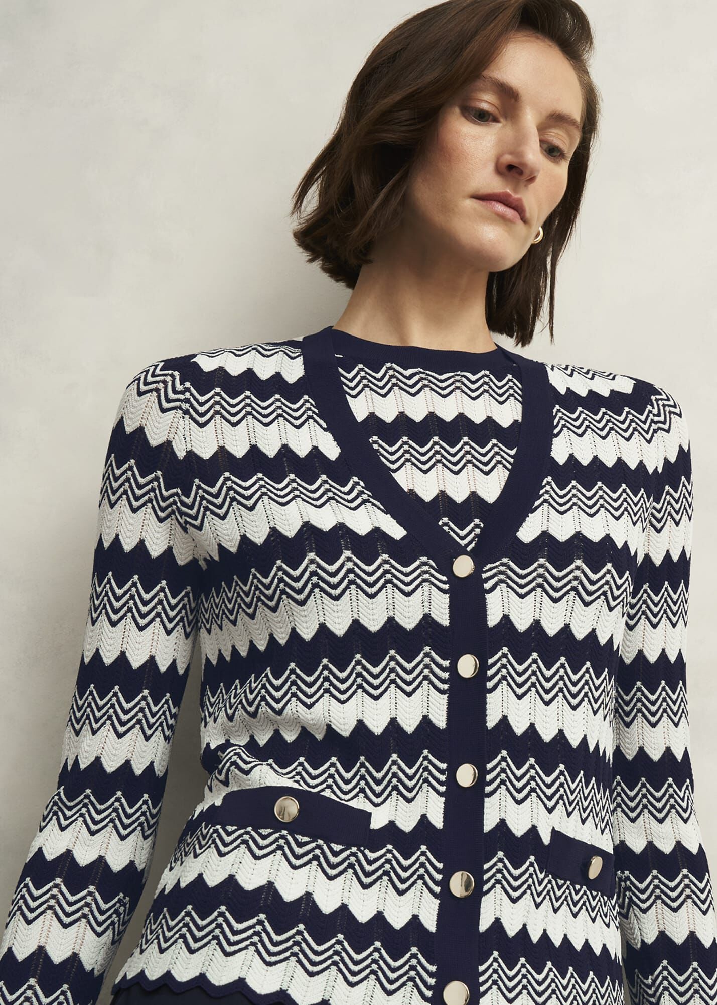 Navy Osterley Chevron Stripe V Neck Knitted Cardigan