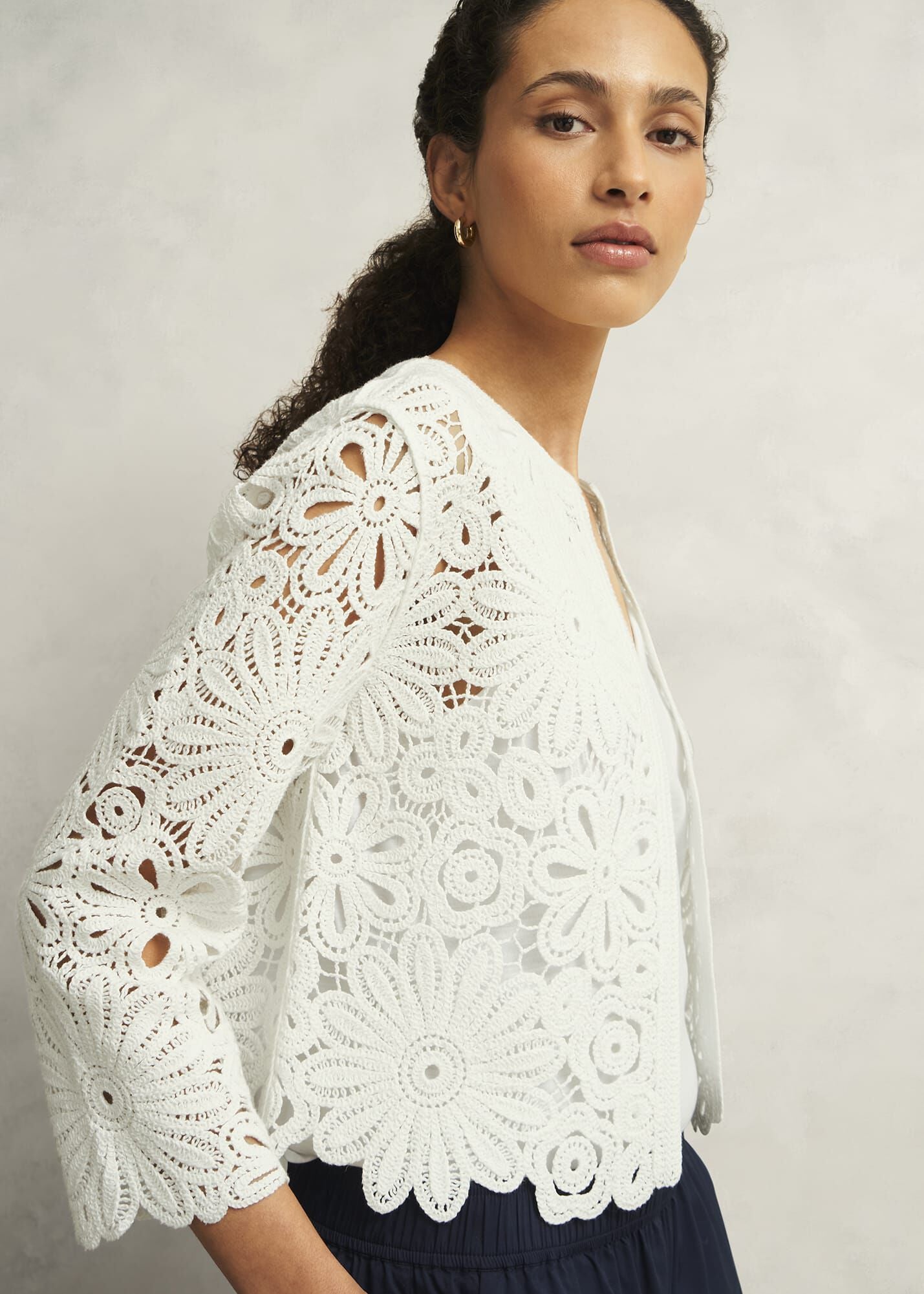 Ivory Syon Floral Cotton Crochet Knitted Jacket
